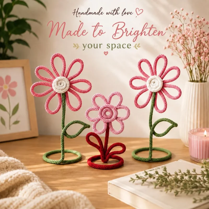 Crochet Wire Flower Desk Decor, Handmade Standing Flower, Office Table Decor