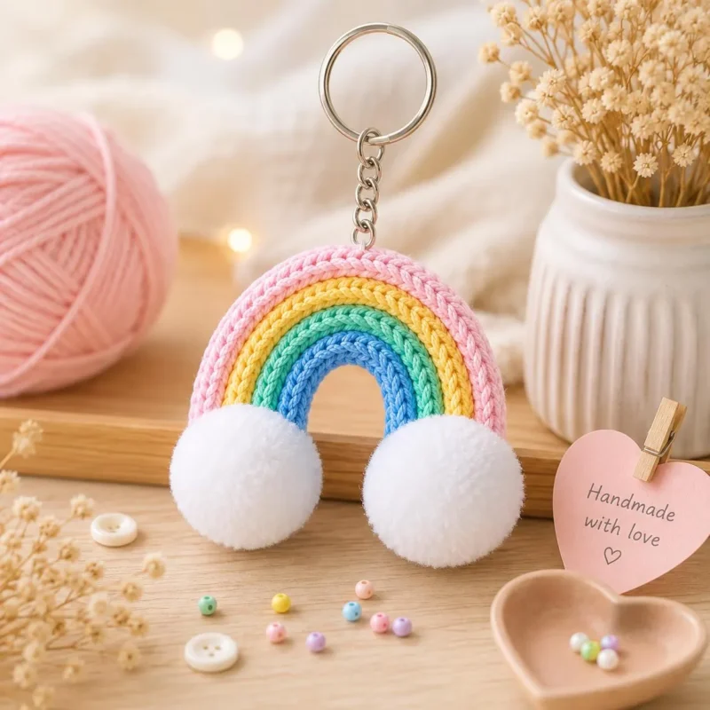 Crochet Rainbow Keychain, Handmade Rainbow Bag Charm, Cute Backpack Charm, Soft Cloud Keyring, Colorful Gift for Kids