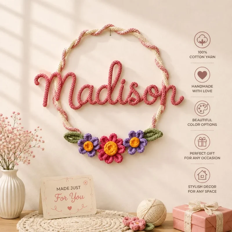 Personalized Floral Name Hoop, Custom Crochet Name Sign, Handmade Wall Decor, Nursery Door Sign, Housewarming Gift