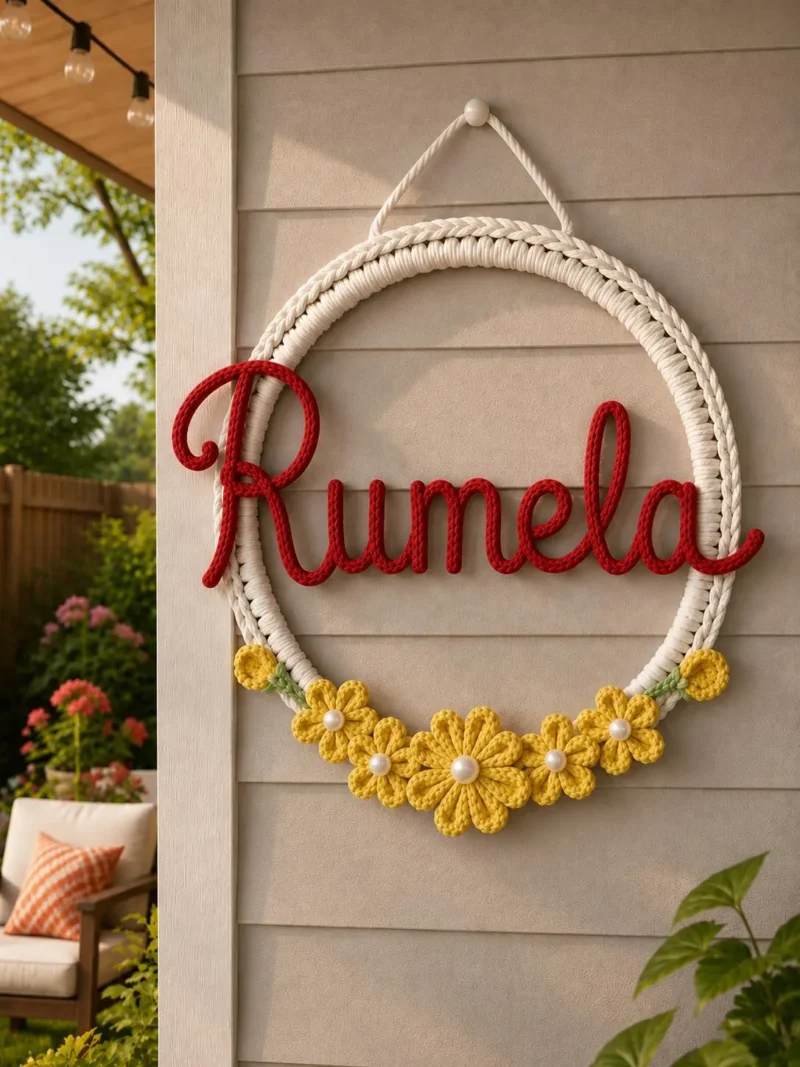 Personalized Name Sign, Custom Wall Art, Handmade Nursery Decoration, Baby Girl Room Decor, Crochet Floral Hoop