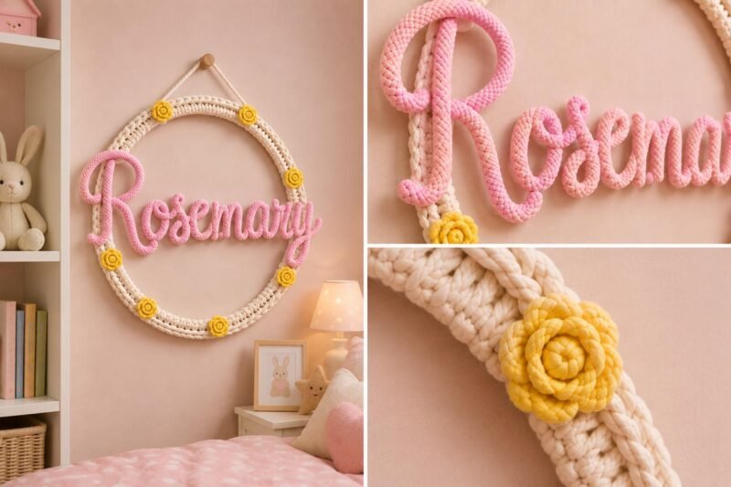 Personalized Nursery Name Sign, Crochet Floral Hoop, Baby Girl Room Decor, Custom Wall Hanging, Newborn Gift, Kids Bedroom Keepsake