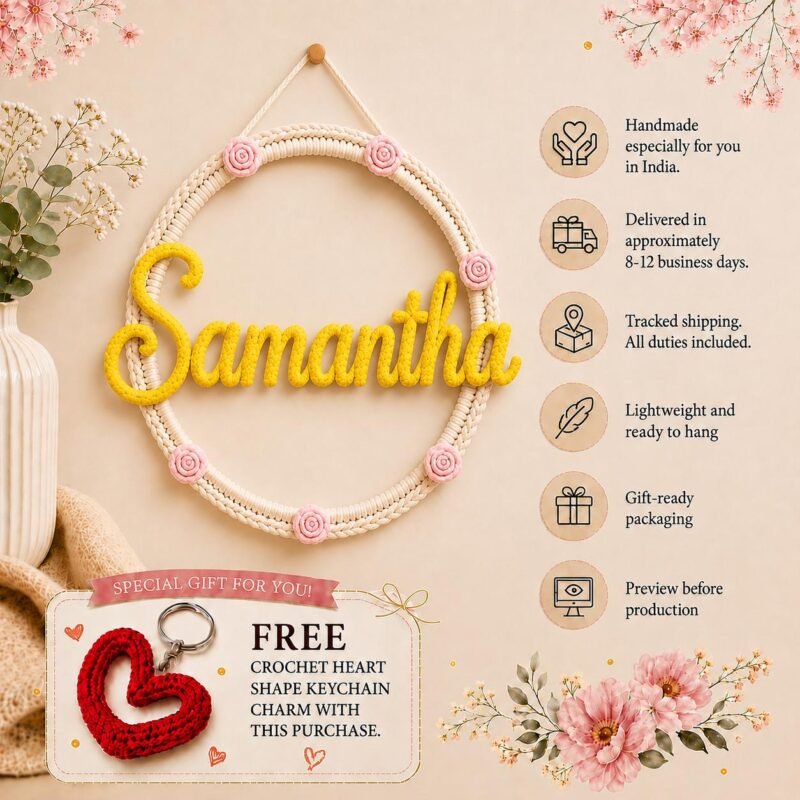 Personalized Nursery Name Sign, Crochet Floral Hoop, Baby Girl Room Decor, Custom Wall Hanging, Newborn Gift, Kids Bedroom Keepsake