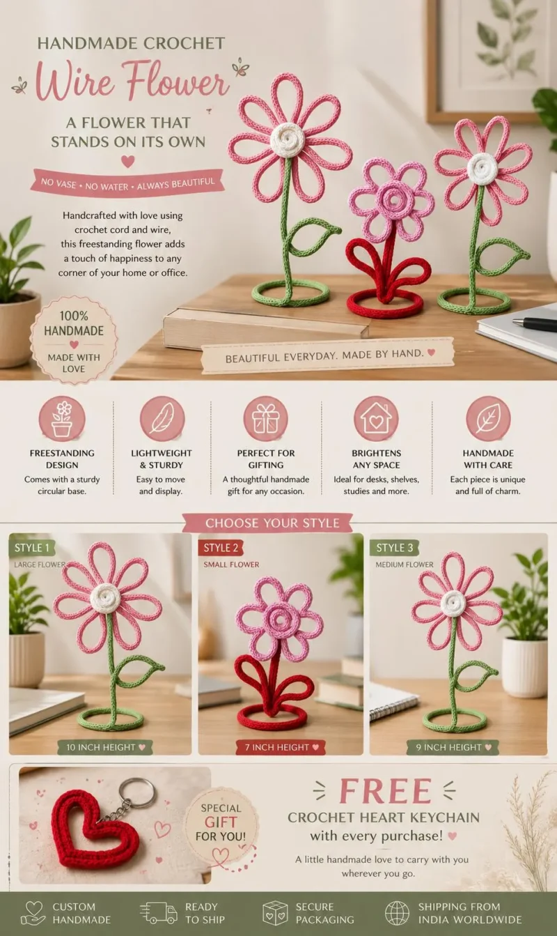 Crochet Wire Flower Desk Decor, Handmade Standing Flower, Office Table Decor