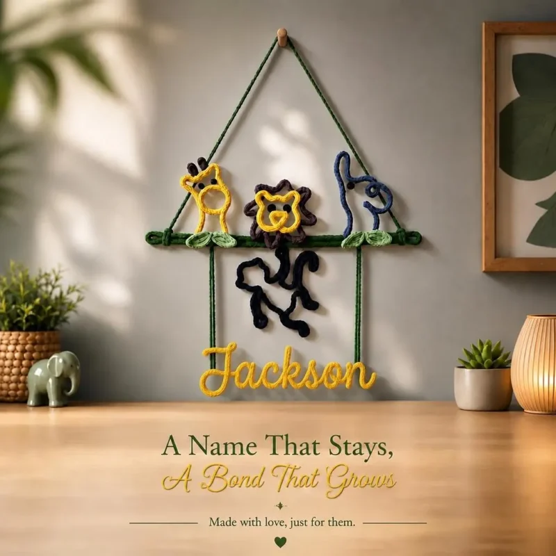 Personalized Safari Animal Name Hanging, Crochet Nursery Decor, Jungle Baby Wall Art