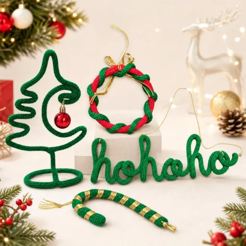 Christmas Crochet Decor Set of 4, Handmade Christmas Decorations, Ho Ho Ho Sign, Tree Candy Cane Wreath, Holiday Shelf Decor