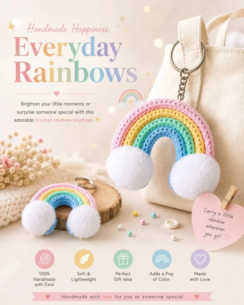 Crochet Rainbow Keychain, Handmade Rainbow Bag Charm, Cute Backpack Charm, Soft Cloud Keyring, Colorful Gift for Kids