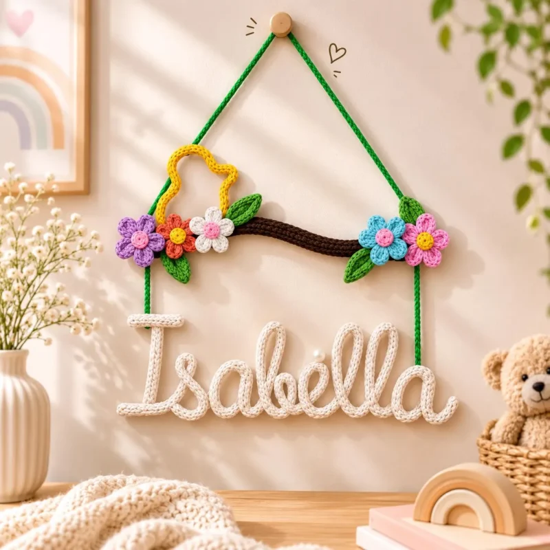 Personalized Floral Name Sign, Crochet Nursery Name Sign, Custom Baby Name Wall Decor, Kids Room Decor, Baby Shower Gift