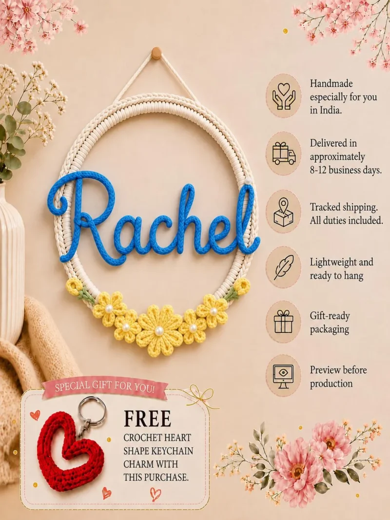 Personalized Name Sign, Custom Wall Art, Handmade Nursery Decoration, Baby Girl Room Decor, Crochet Floral Hoop